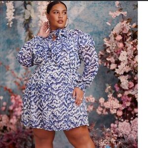 ELOQUII Women's Plus Size 22 Blue Tie Neck Fit & Flare Dress